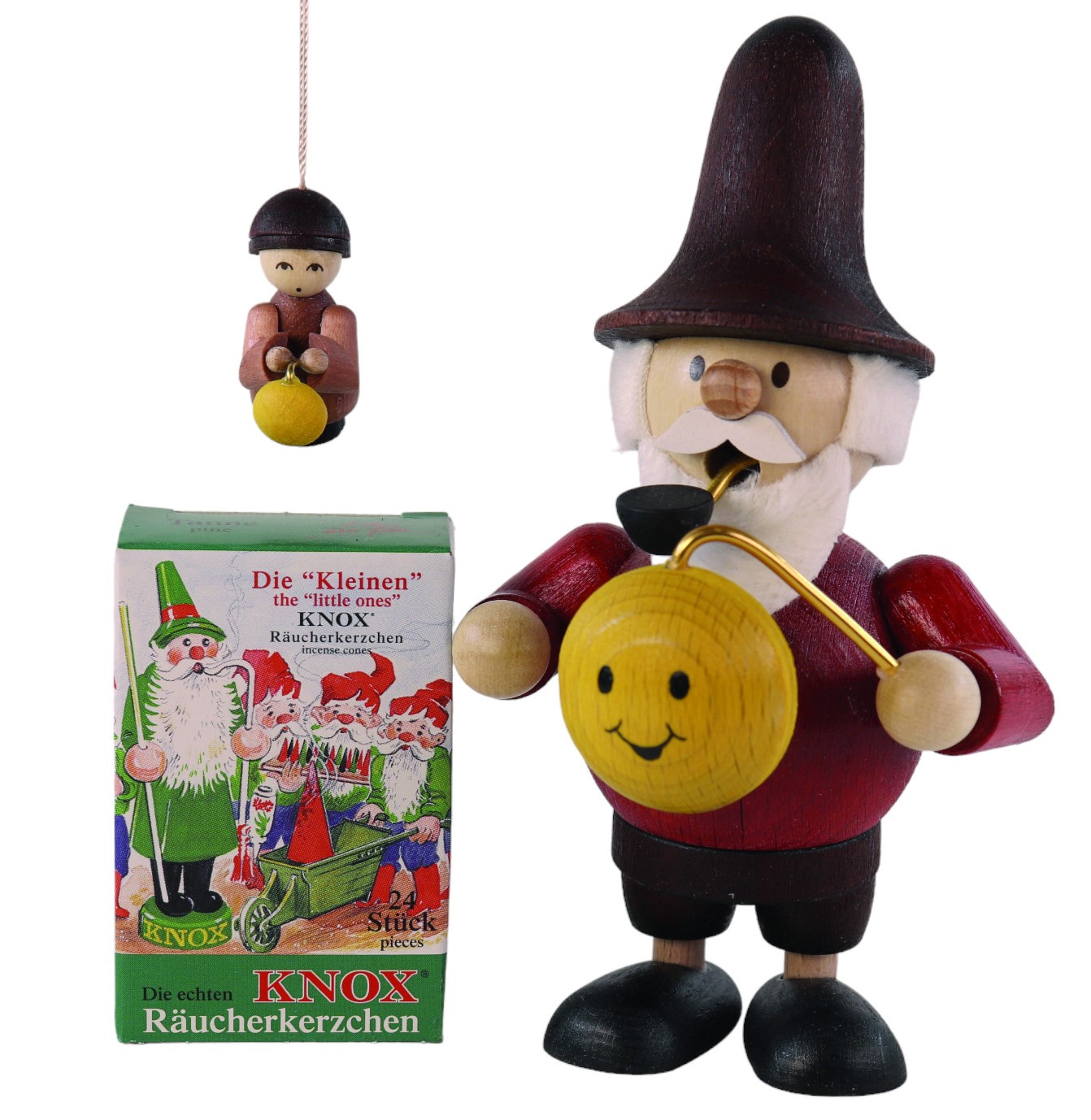 Geschenkset Mini-Räuchermann Wichtel mit Lampion 13,0 cm groß+1 Baumbehang+1 Pack Mini Räucherkerzen