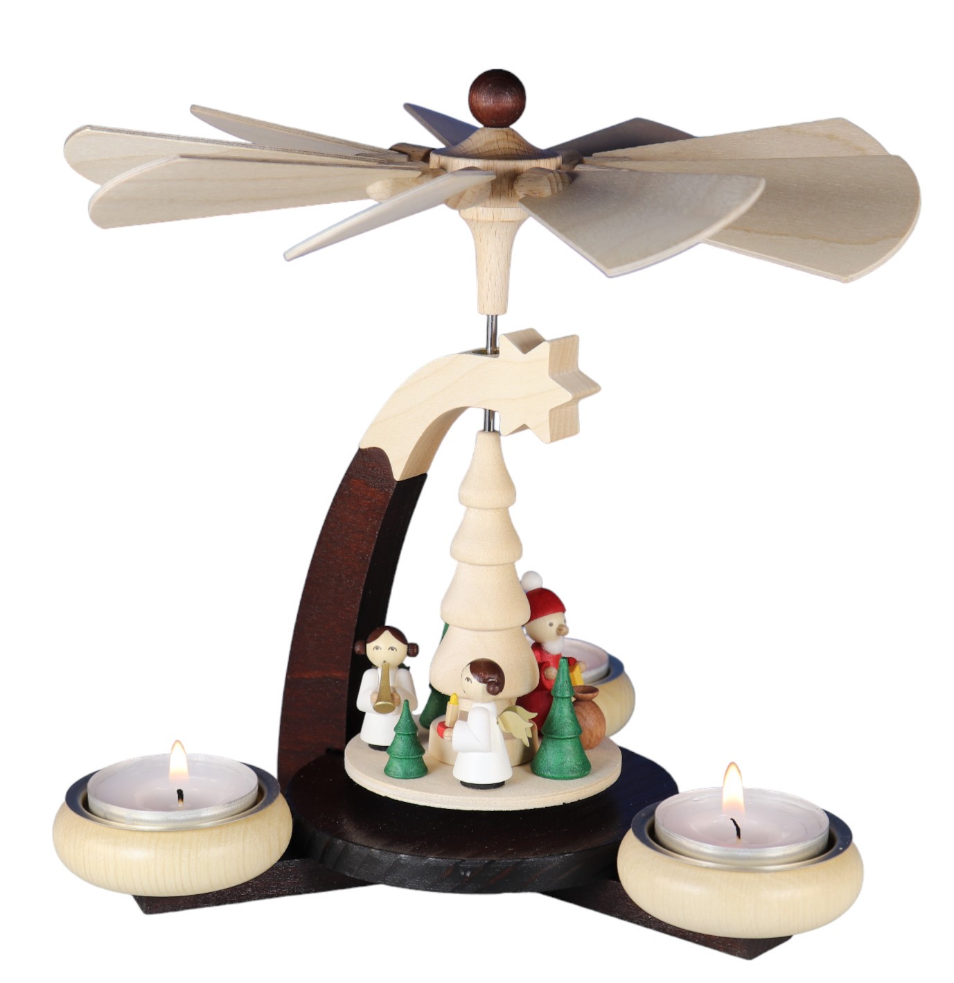 Design-Teelichtpyramide dunkelbraun/natur Weihnachtsmann & 2 weiße Engel  für 3 Teelichte, Höhe 19cm