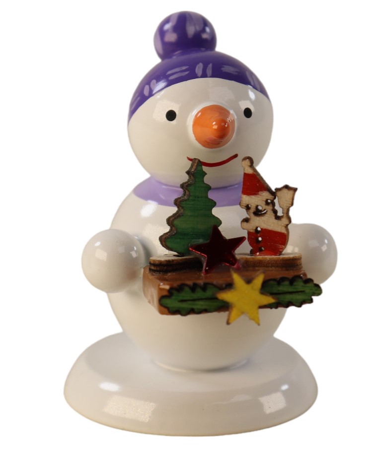 Schneemannfigur stehend Bauchladen mit Wichtel, lila Mütze