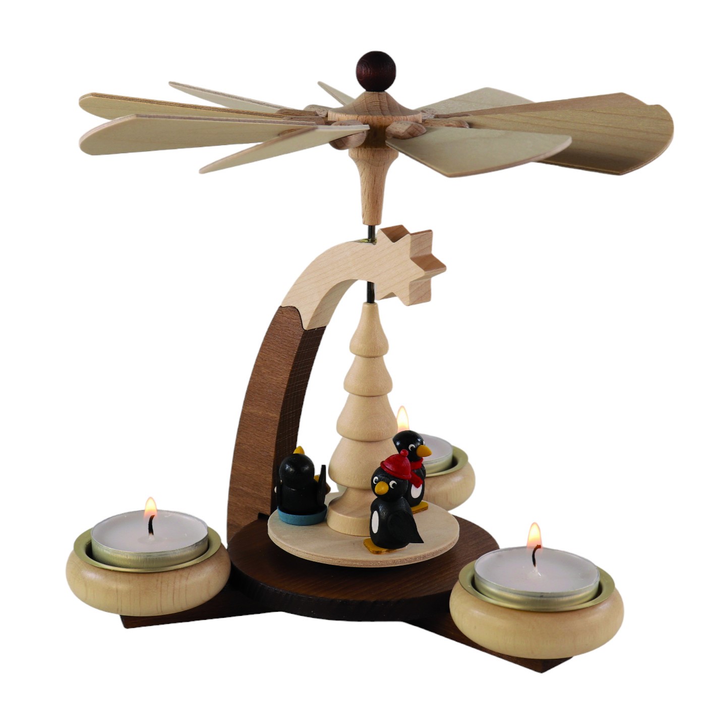 Design-Teelichtpyramide braun/natur & Tüllen natur mit Pinguine für 3 Teelichte, Höhe 19cm