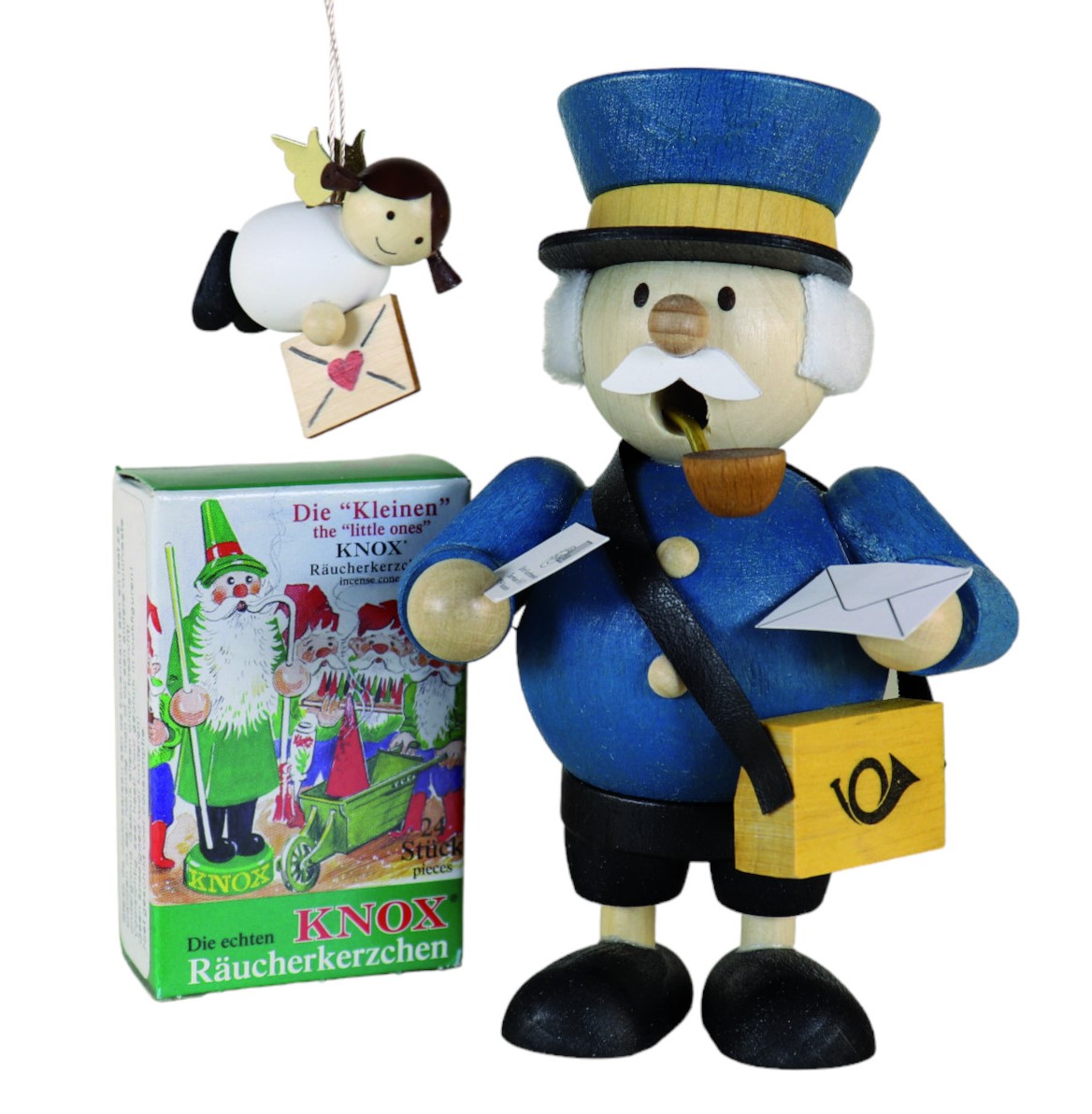Geschenkset Mini-Räuchermann Postbote 11,5 cm groß+1 Baumbehang+1 Pack Mini Räucherkerzen