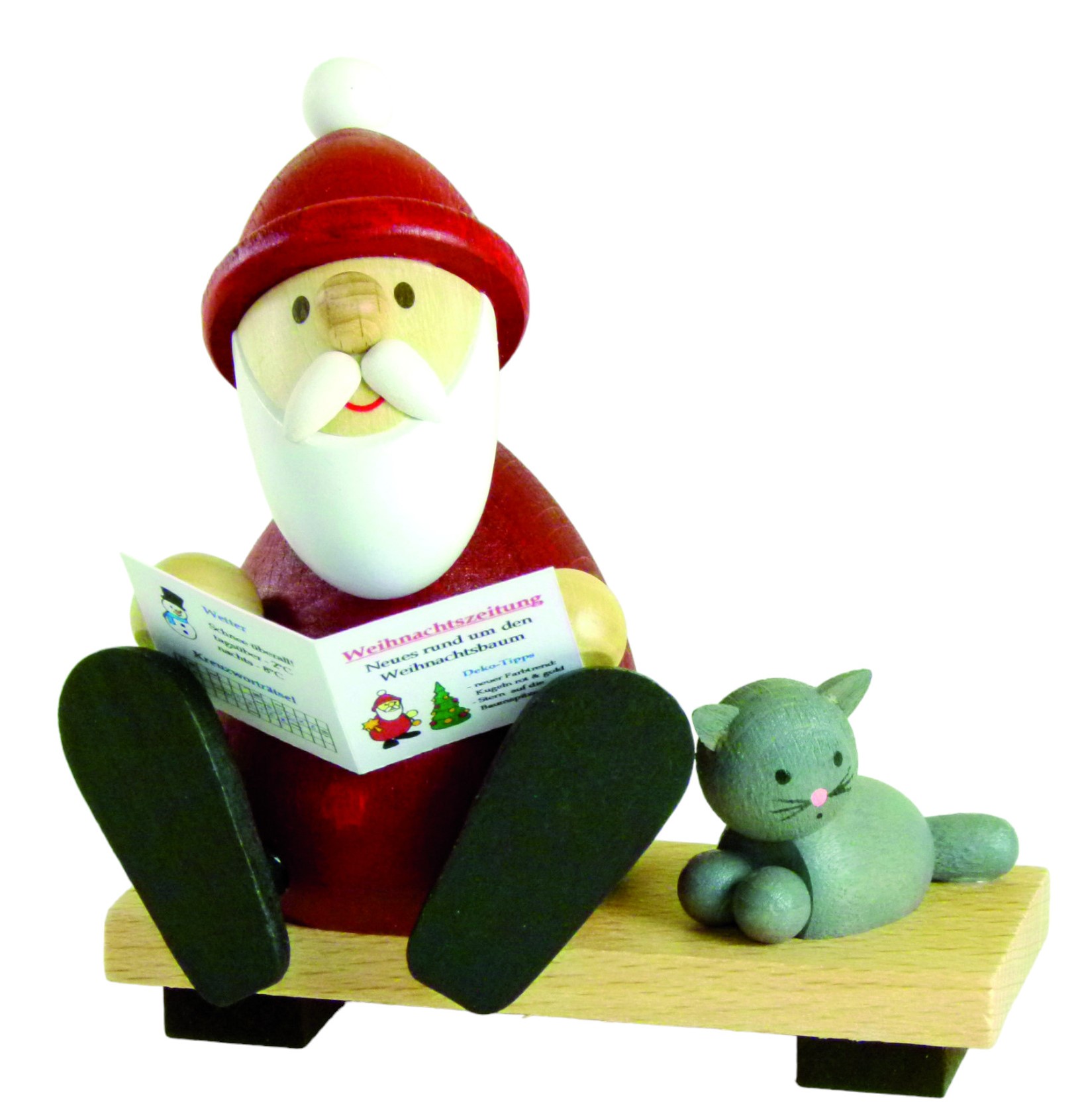 Weihnachtsmann modern auf Bank mit Zeitung & Katze  H 9,0cm