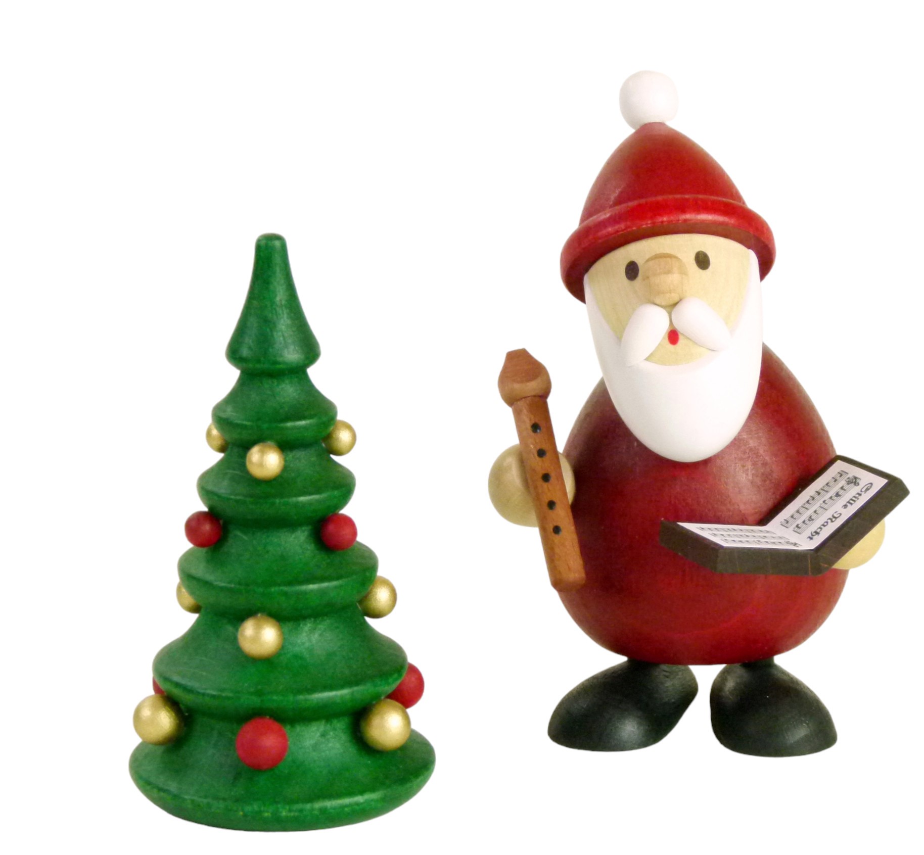 Weihnachtsmann modern singend mit Notenbuch, Flöte H 9,5cm und Weihnachtsbaum  H 8,0cm