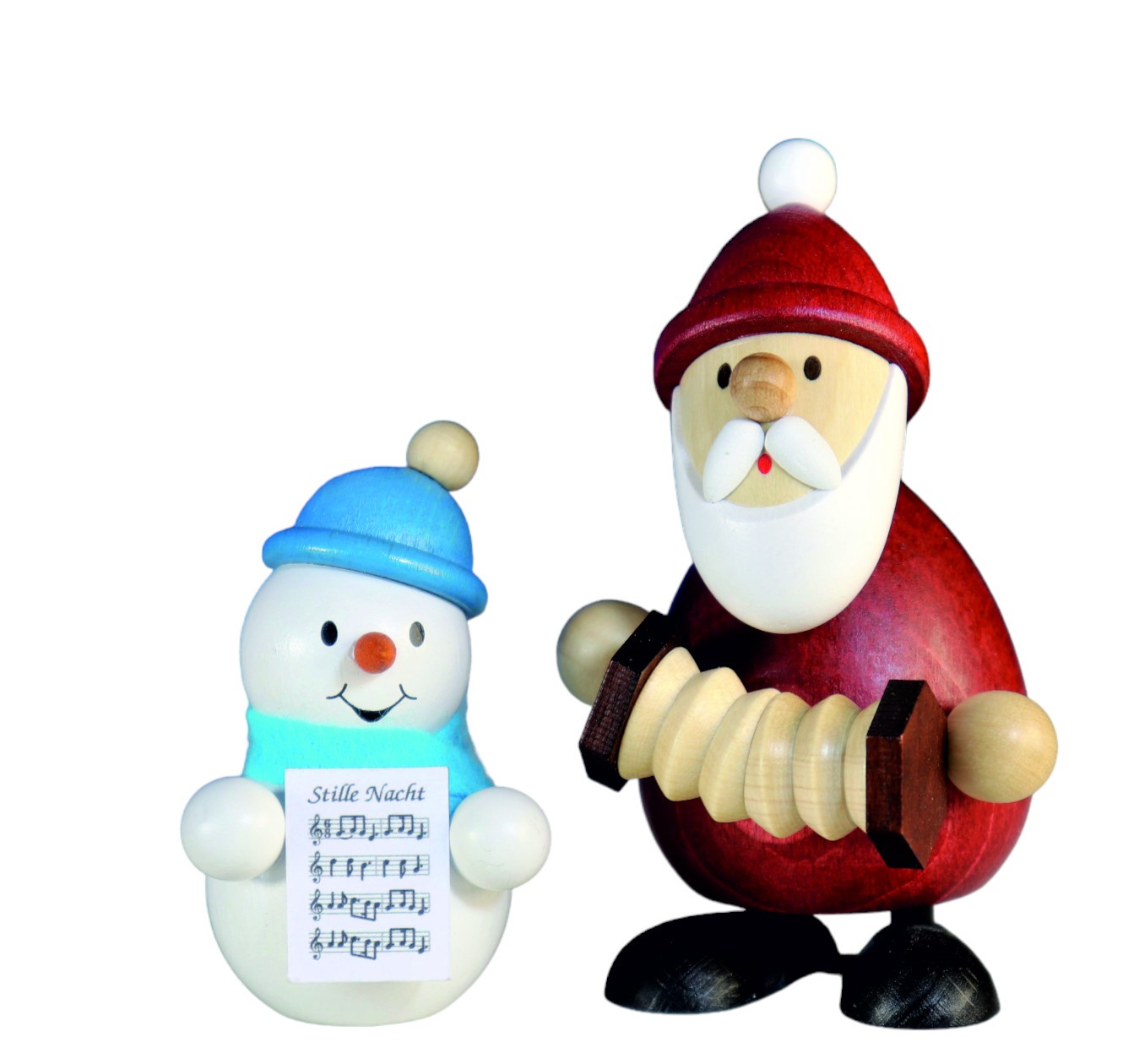 Weihnachtsmann mit Ziehharmonika H 9,5 cm und Schneemann mit Noten H 6,5 cm