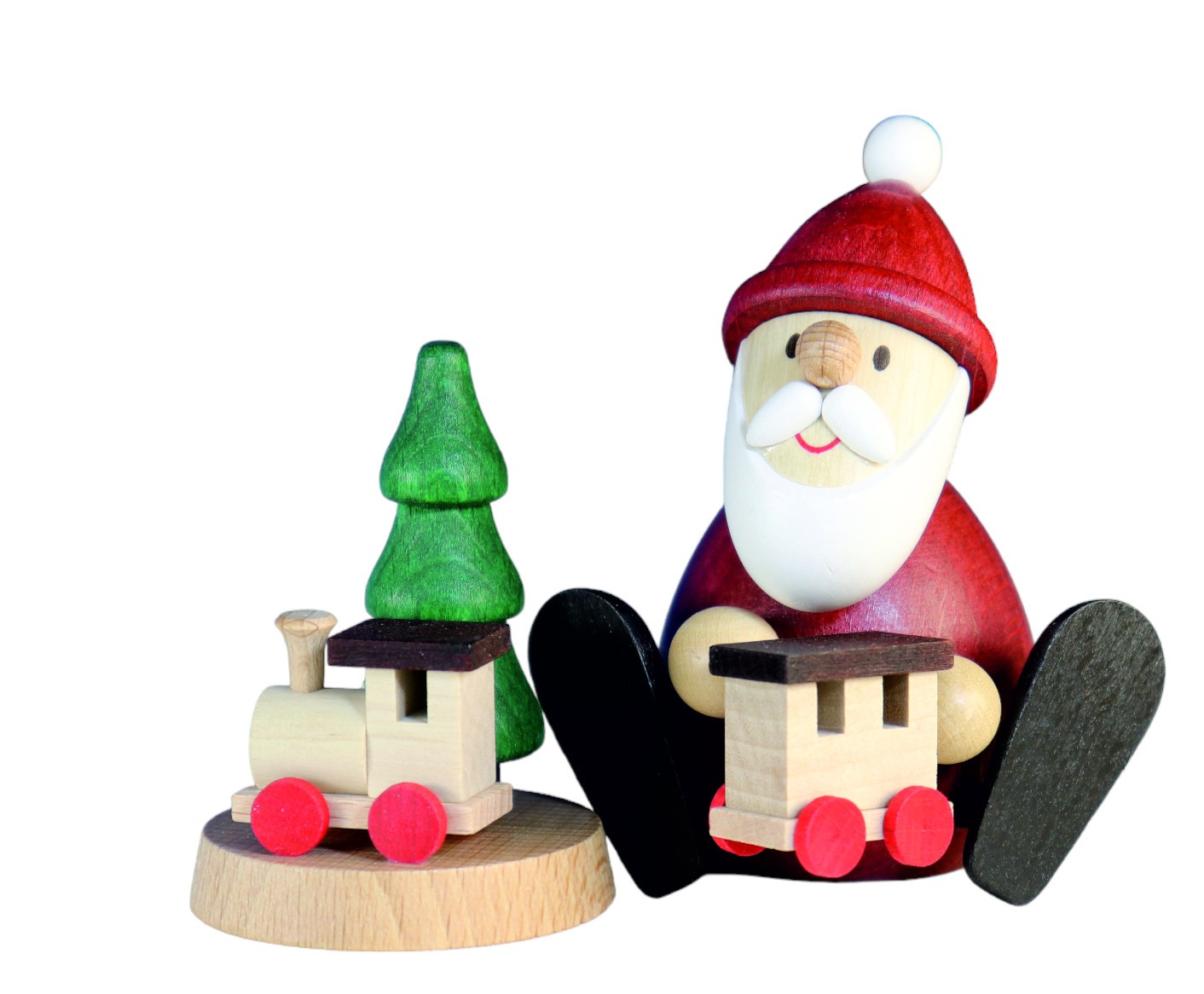 Weihnachtsmann mit Eisenbahn H 8,5 cm und Baum mit Lok H 6,0 cm