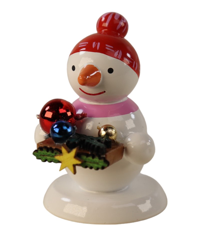 Schneemannfigur mit Bauchladen voll Christbaumschmuck stehend 4 cm groß